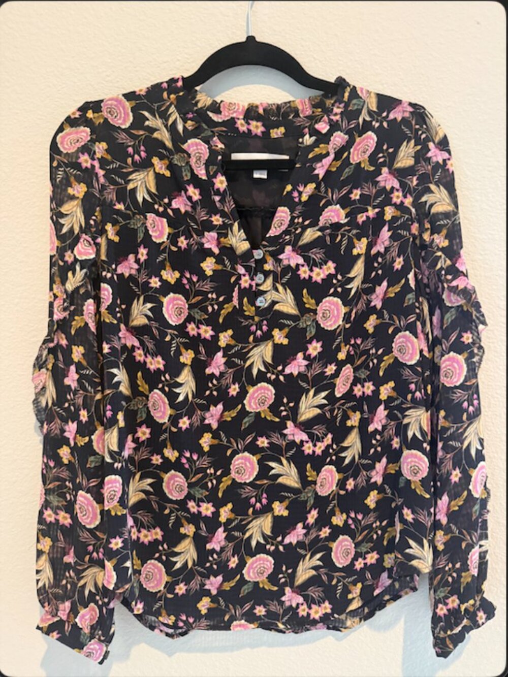 Floral Button-Front Blouse - Black with Pink & Gold Botanical Print